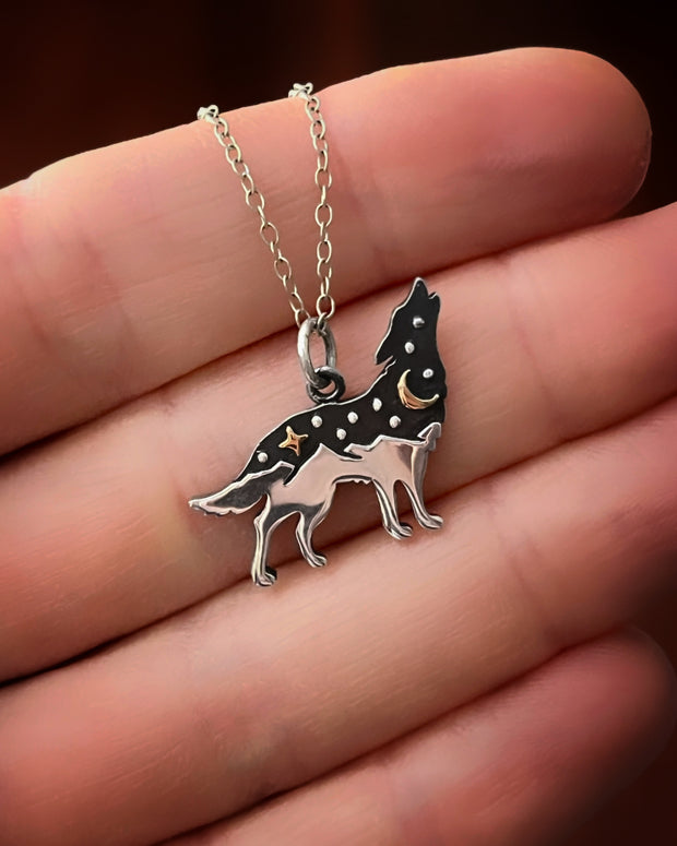 Made-to-order wolf necklace in silver & bronze