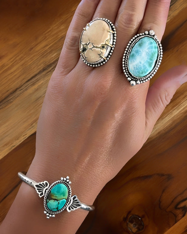 Larimar ring, cuff, or necklace in silver