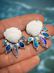 Seashell studs with opal & moonstone ear jacket