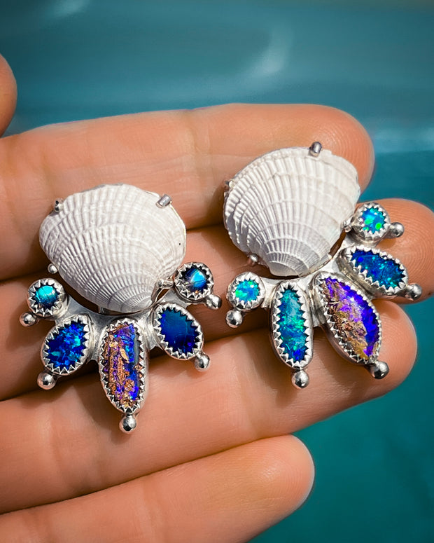 Seashell studs with opal & moonstone ear jacket