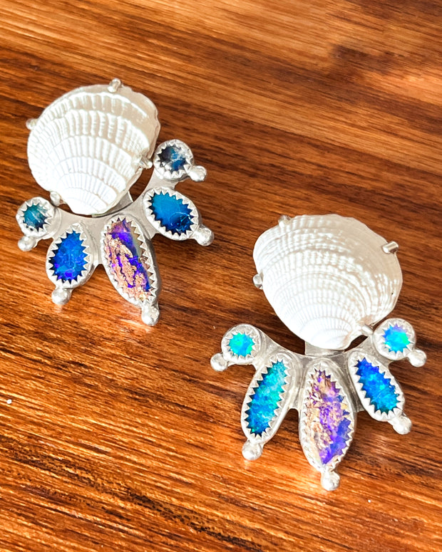 Seashell studs with opal & moonstone ear jacket