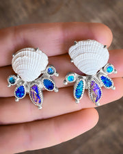 Seashell studs with opal & moonstone ear jacket