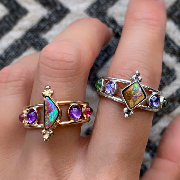 Opal, tanzanite & tourmaline ring in silver