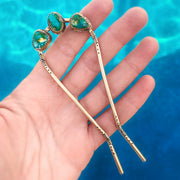 Hand-stamped turquoise hair fork in brass